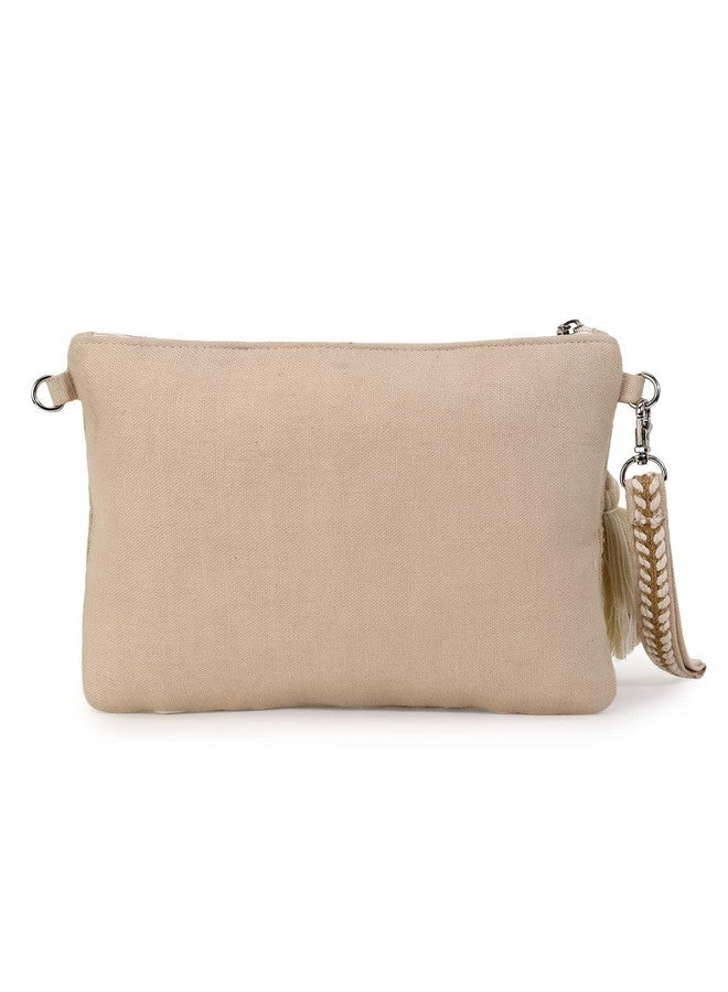 Anekaant Women Boho Beige & White Cotton Jute & Canvas Boho Embellished Sling Bag - Image 4